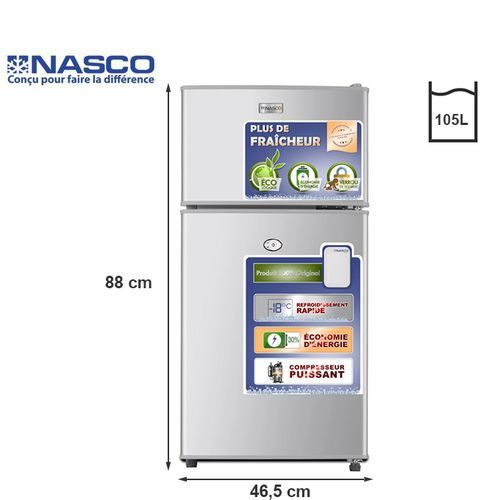 Nasco Refrigérateur 2 battants - Knasf2-115 – 105 Lt (59Lt+46Lt) - Avec Cle - Argent