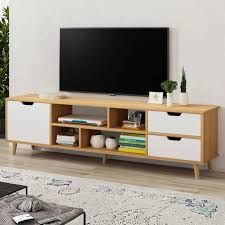 Meuble TV Scandinave « Oslo » avec Tiroirs & Niches - Blanc et Bois Naturel