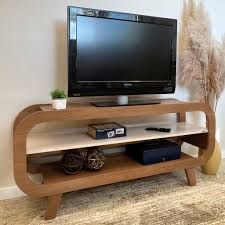 Meuble TV Bas Design « Théo » Courbé Bois Naturel & Blanc Laqué